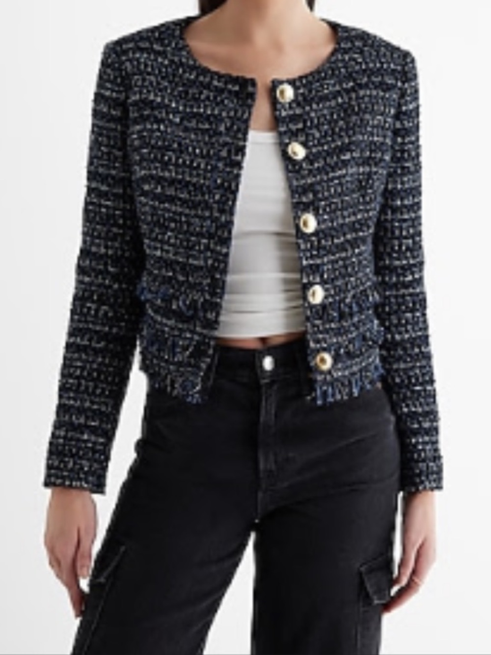 Express Black and Blue Tweed Blazer with Gold Buttons NWOT